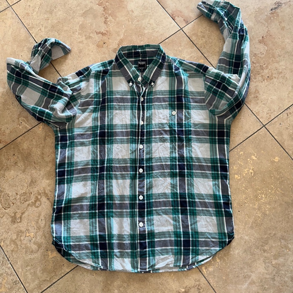 Todd Snyder New York Plaid Button Down Shirt Men's Size L Green Navy White‎
